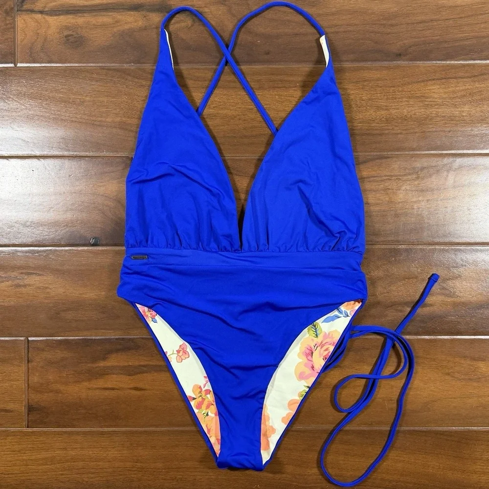 Maaji Size Medium Blue Floral Reversible Tie Safari One Piece Swimsuit